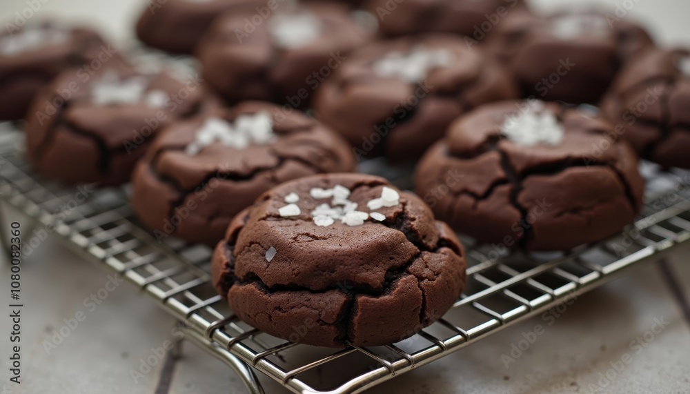 Deliciously cracked chocolate cookies cooling on a rack Deliciously cracked chocolate cookies cooling on a rack