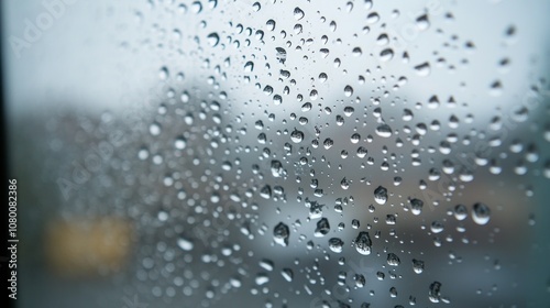 Raindrops gather on the window, distorting the view of a fog-covered landscape, creating a tranquil and atmospheric moment of quiet reflection