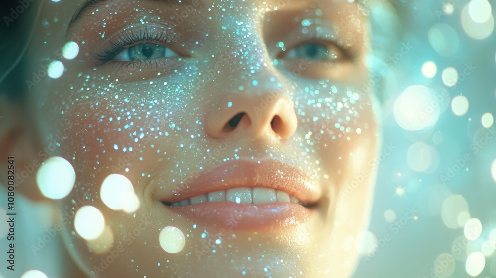 Close-up of Woman with Sparkling Particles on Face Close-up of Woman with Sparkling Particles on Face
