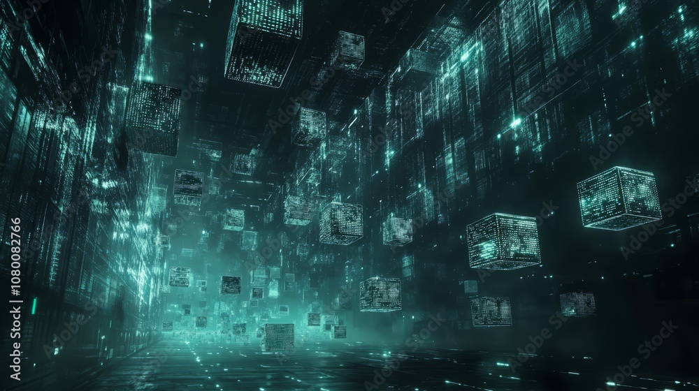 A blockchain ledger with floating cubes of data in a dark, high-tech environment A blockchain ledger with floating cubes of data in a dark, high-tech environment