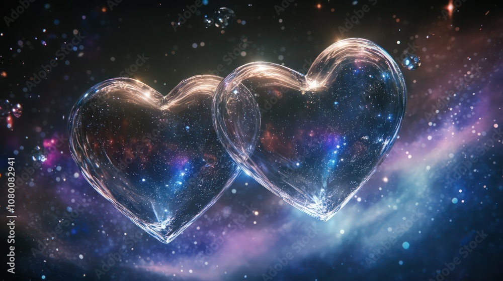 A close-up of two translucent crystal hearts floating mid-air against a dark, star-studded galaxy backdrop, illuminated by a soft, glowing light. A close-up of two translucent crystal hearts floating mid-air against a dark, star-studded galaxy backdrop, illuminated by a soft, glowing light.