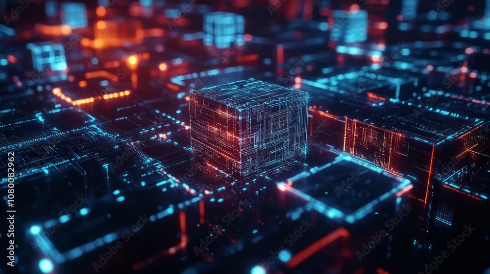 Fototapeta premium A blockchain ledger with floating cubes of data in a dark, high-tech environment