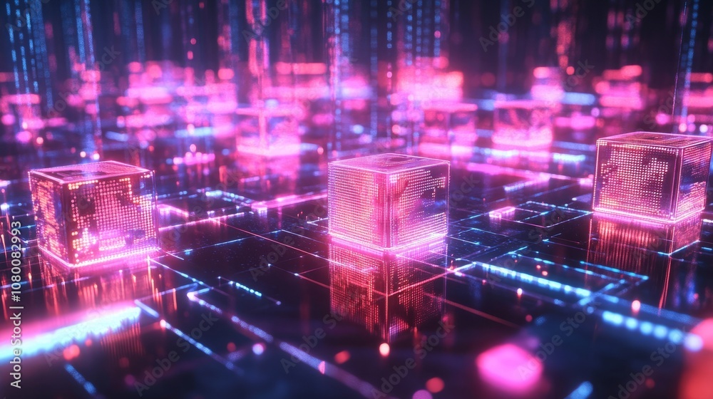 A blockchain ledger with floating cubes of data in a dark, high-tech environment A blockchain ledger with floating cubes of data in a dark, high-tech environment