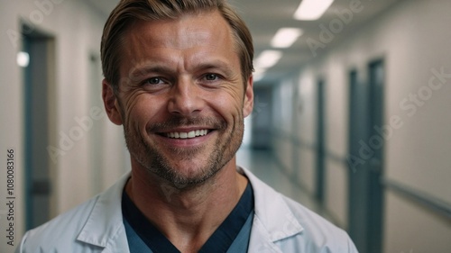 Photo of handsome doctor posing on blurry hospital corridor background