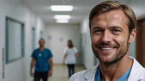 Photo of handsome doctor posing on blurry hospital corridor background