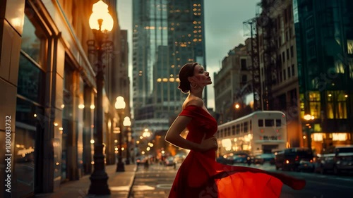 Elegant woman in red dress walking confidently in a city street at dusk, with tall buildings and streetlights illuminating the background