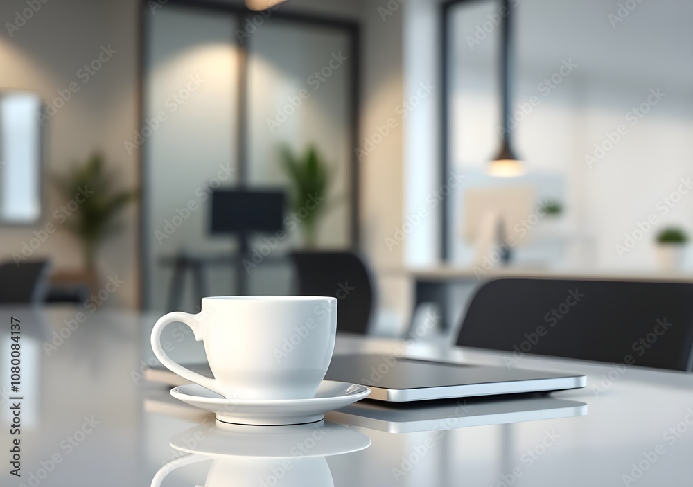 White coffee cup with laptop computer on office table for business concept, in clean office. White coffee cup with laptop computer on office table for business concept, in clean office.