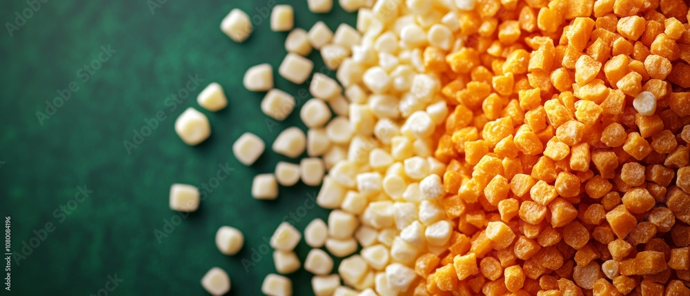 A vibrant display of various grated cheeses is arranged on a dark surface, highlighting the contrasting colors and textures of the cheese types A vibrant display of various grated cheeses is arranged on a dark surface, highlighting the contrasting colors and textures of the cheese types