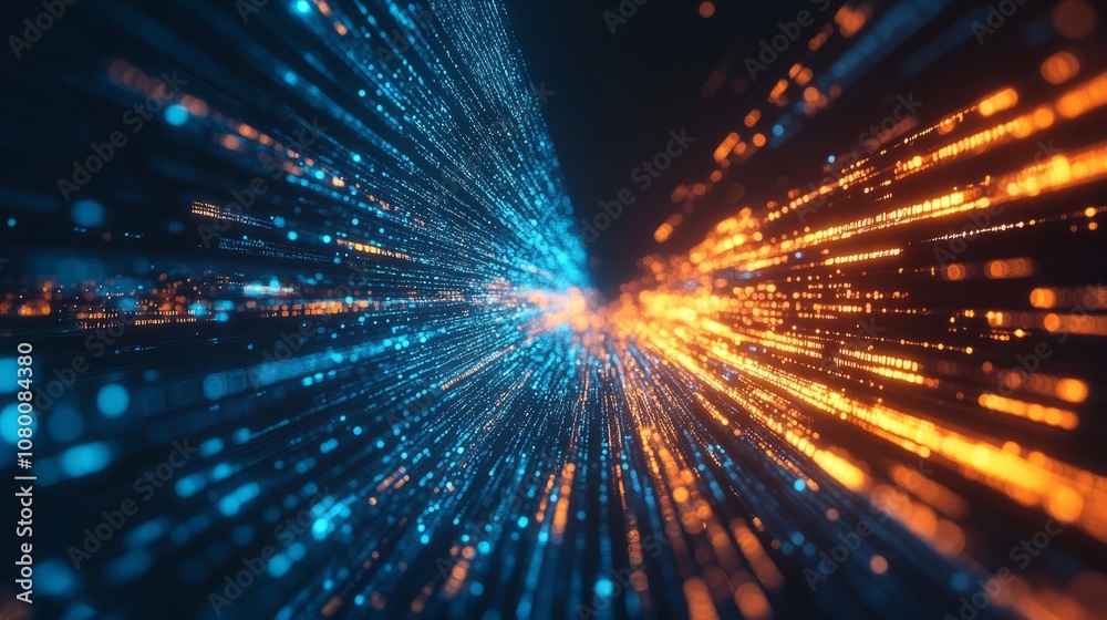 Naklejka premium A bold visualization of hyper-speed data movement, with luminous rays and explosive effects, against a rich dark background
