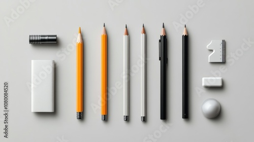 photorealistic stationery as clip art, minimalistic, pencils, pens, erasers with soft light and shadow