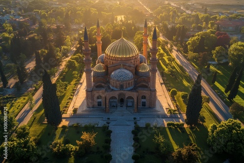 Aerial View of Mosque with Golden Domes. photo