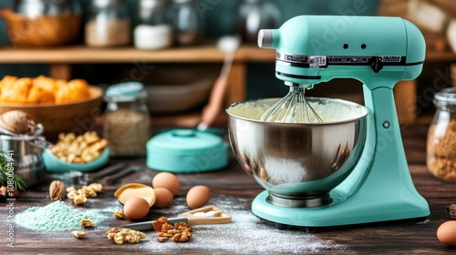 Refreshing Mint Green Kitchen Mixer on a Rustic Table