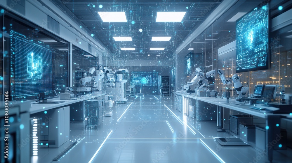 Futuristic laboratory with robotic arms and digital displays. Futuristic laboratory with robotic arms and digital displays.