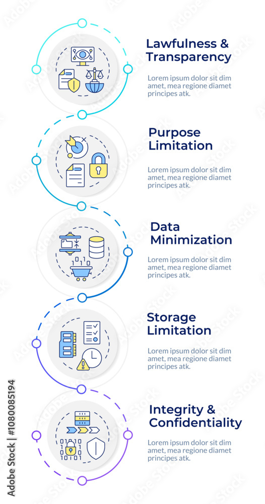 Naklejka premium GDPR principles infographic design template. General data protection regulation. Data visualization with 5 options. Process vertical flow chart. Montserrat SemiBold, Lato Regular fonts used