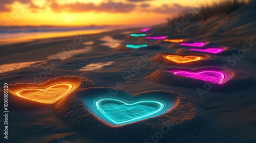 A dreamy sunset scene on a sandy beach with a series of heart-shaped impressions glowing in shades of aqua, magenta, orange, and deep blue.  photo