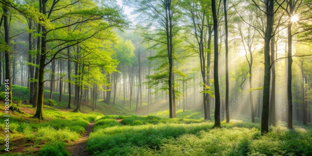 Obraz premium Sunlight Illuminating a Mist-Shrouded Forest Path in Springtime