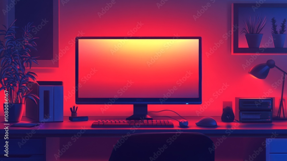 Modern Minimalist Desk Setup with Red Lighting Modern Minimalist Desk Setup with Red Lighting