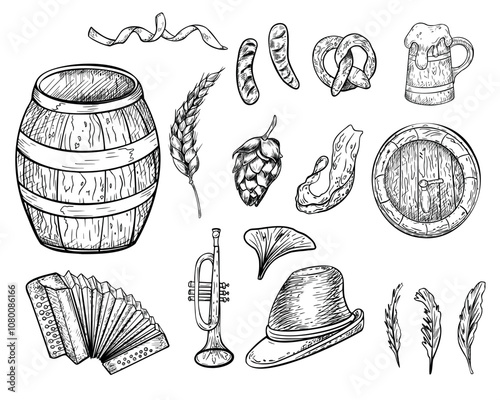 Oktoberfest set of wooden barrel, German hat, pretzel, trumpet black white graphic vector illustration isolated. Tankard, splash beer, hop cones and wheat ear hand drawn line art for banner, label.