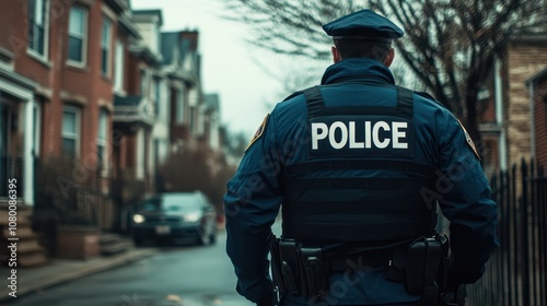 Police Officer Standing on Urban Street. Rear View of Law Enforcement Uniform and Equipment.