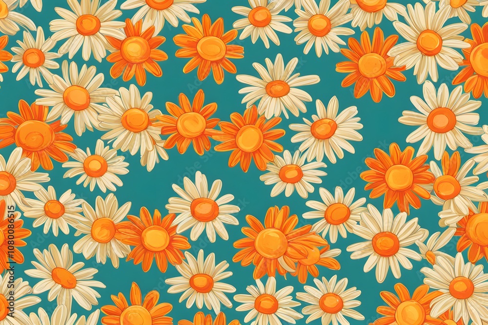 custom made wallpaper toronto digitalBright and playful daisy pattern with large cheerful daisies in yellows and oranges on teal, Ai Generated