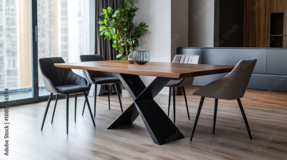 A modern dining table with a black metal base and wooden top, surrounded by sleek chairs A modern dining table with a black metal base and wooden top, surrounded by sleek chairs