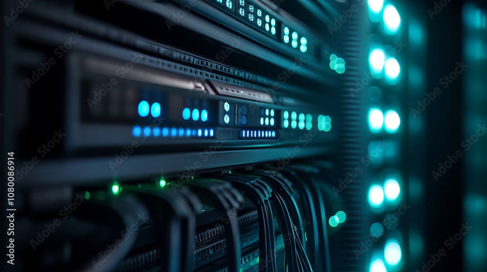 A close-up of a server rack, the cables neatly plugged into the back, LED indicators glowing in blue and green