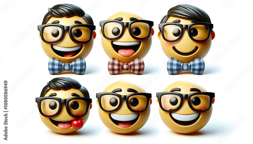 Set of Happy Emoji Characters with Bow Ties and Glasses. generator AI