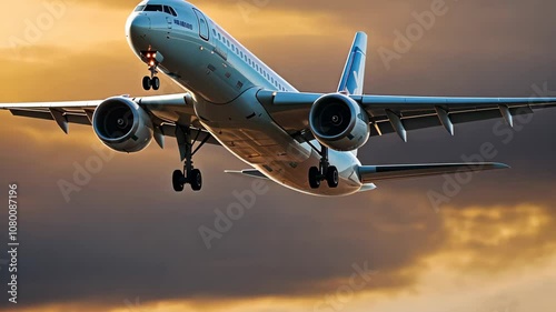 Commercial Passenger Airplane Taking Off Landing in Airport at Sunset Sunrise with Blurred Bokeh Lights Background