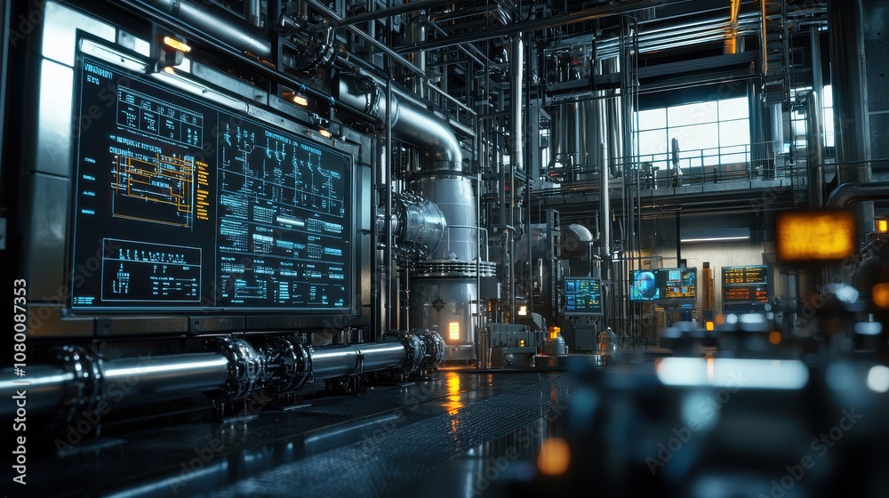 Industrial process monitoring in a chemical plant high-tech environment control room overview efficient gas recovery system modern technology insights Industrial process monitoring in a chemical plant high-tech environment control room overview efficient gas recovery system modern technology insights