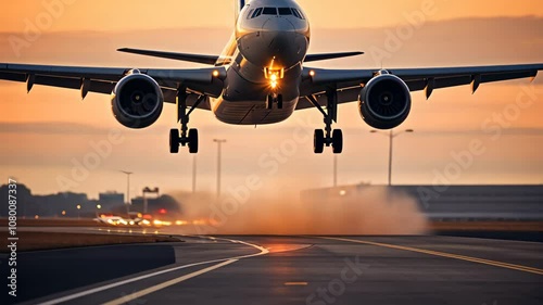 Commercial Passenger Airplane Taking Off Landing in Airport at Sunset Sunrise with Blurred Bokeh Lights Background photo