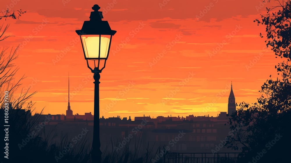 Cityscape Silhouette at Sunset with Street Lamp Cityscape Silhouette at Sunset with Street Lamp