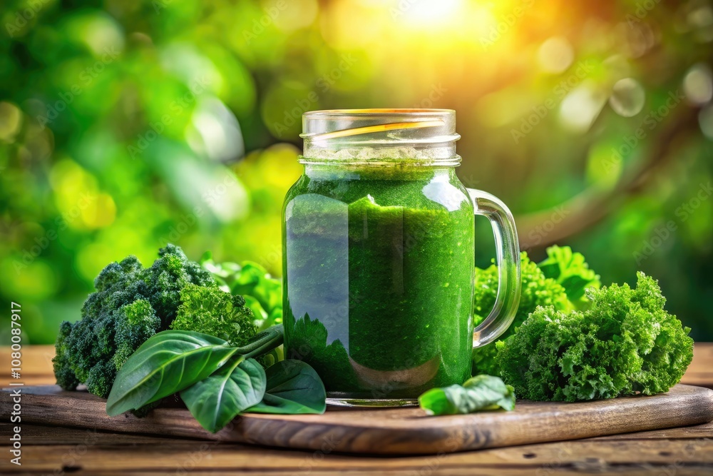 Bright green juice in a jar amid leafy greens, symbolizing wellness and vitality, enhanced by a stunning double exposure effect for a lively aesthetic. Bright green juice in a jar amid leafy greens, symbolizing wellness and vitality, enhanced by a stunning double exposure effect for a lively aesthetic.