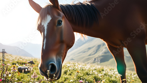 Close up horse face graze on mountains flowers fields sunlight background, funny horse face look at camera among blooming meadow, broodmare wild horse in hills, wide angle