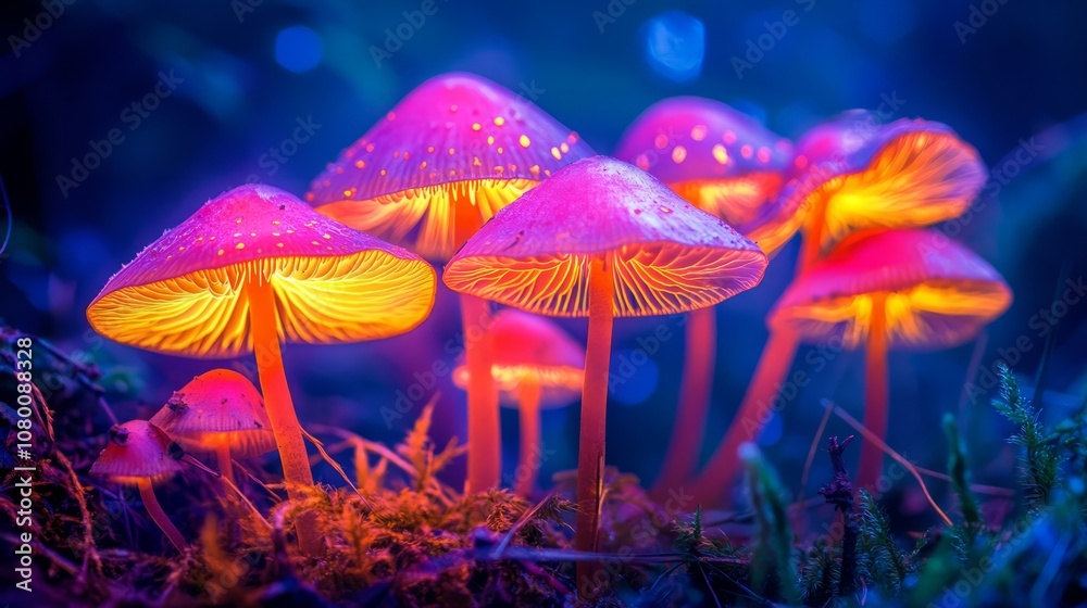 A close-up of illuminated mushrooms glowing in the dark forest, creating a mystical ambiance A close-up of illuminated mushrooms glowing in the dark forest, creating a mystical ambiance