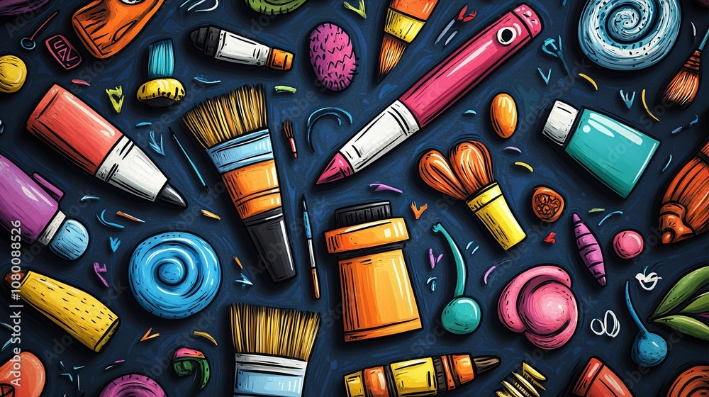 Colorful Art Supplies Scattered on a Blue Surface Colorful Art Supplies Scattered on a Blue Surface