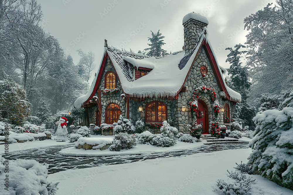 Front view of Santa Claus and Father Frost's residence. The wooden house is decorated with Christmas decorations. Generated by artificial intelligence Front view of Santa Claus and Father Frost's residence. The wooden house is decorated with Christmas decorations. Generated by artificial intelligence