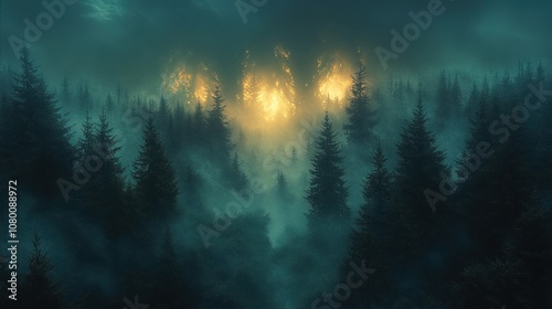 Misty forest with glowing light in the background.