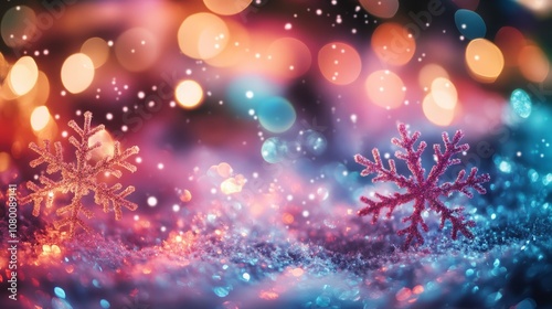 A colorful holiday night scene with vibrant glowing bokeh lights and snowflakes, New year backround