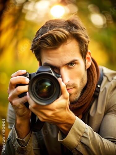 Fotógrafo intensamente enfocado en capturar el momento perfecto, artista creativo que muestra ojos detallados y concentración.