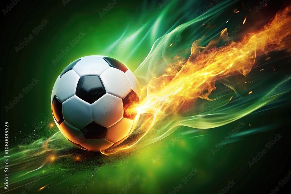 Naklejka premium Capture the excitement of football with a dramatic low-light shot of a flying soccer ball, enhanced by glowing motion trails and captivating green blur effects.