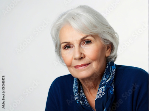 Portrait of a Beautiful Senior Woman Aged 55-65 – Elegant Older Female with Natural Beauty Against a White Background