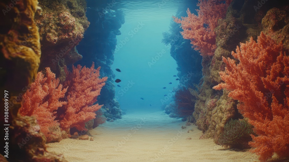 Naklejka premium Underwater scene with coral and fish in a serene environment.