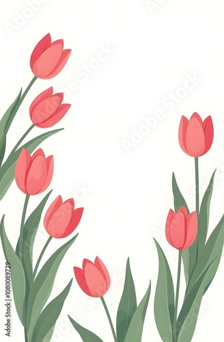 Frame of tulips on white background, top view, spring atmosphere