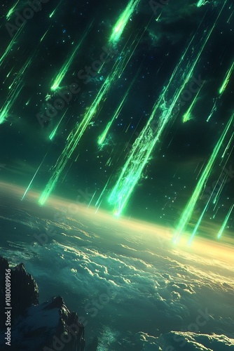 Mesmerizing Meteor Shower with Ethereal Bioluminescent Trails Across the Cosmic Night Sky