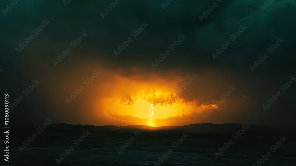 Lightning flashing behind a dark stormy cloud at sunset, casting an eerie glow Lightning flashing behind a dark stormy cloud at sunset, casting an eerie glow