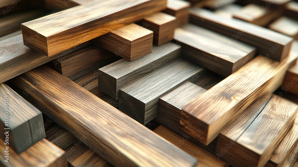 A close-up view of a rustic pile of wooden boards and planks stacked in a warehouse, showcasing detailed textures and natural lighting A close-up view of a rustic pile of wooden boards and planks stacked in a warehouse, showcasing detailed textures and natural lighting