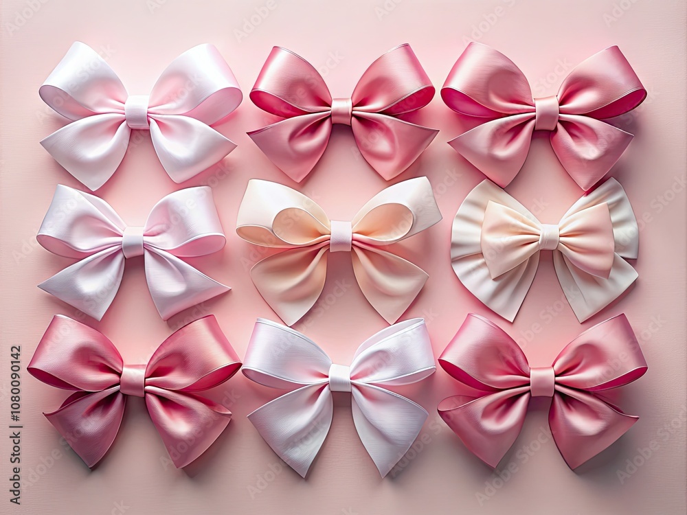 Charming collection of pink and white 3D bows with ribbons in pastel hues, perfect for gift wrapping and stunning decorations at celebrations and special occasions.