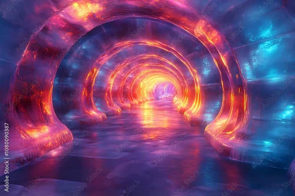 Luminous Neon Tunnel with Ethereal Ice Patterns in a Futuristic Cityscape