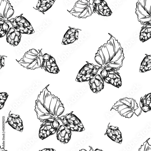 Hop cones bunch black white graphic vector seamless pattern isolated. Hops plant, leaves monochrome background hand drawn by ink. Botanical humulus repeated texture for design organic product, brewing