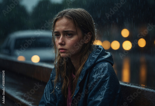Sad girl sitting in rain, dreamy, Romantic, Warm lighting, Highly detailed, Sad Girl Sitting in the Rain – Dreamy, Romantic Mood with Warm Lighting and Highly Detailed Atmosphere